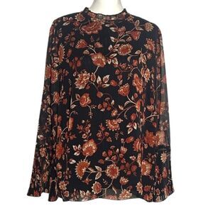 Chicos Floral Print Mock Neck Blouse Top Size 3 Sheer Lined Autumn Pleated Black